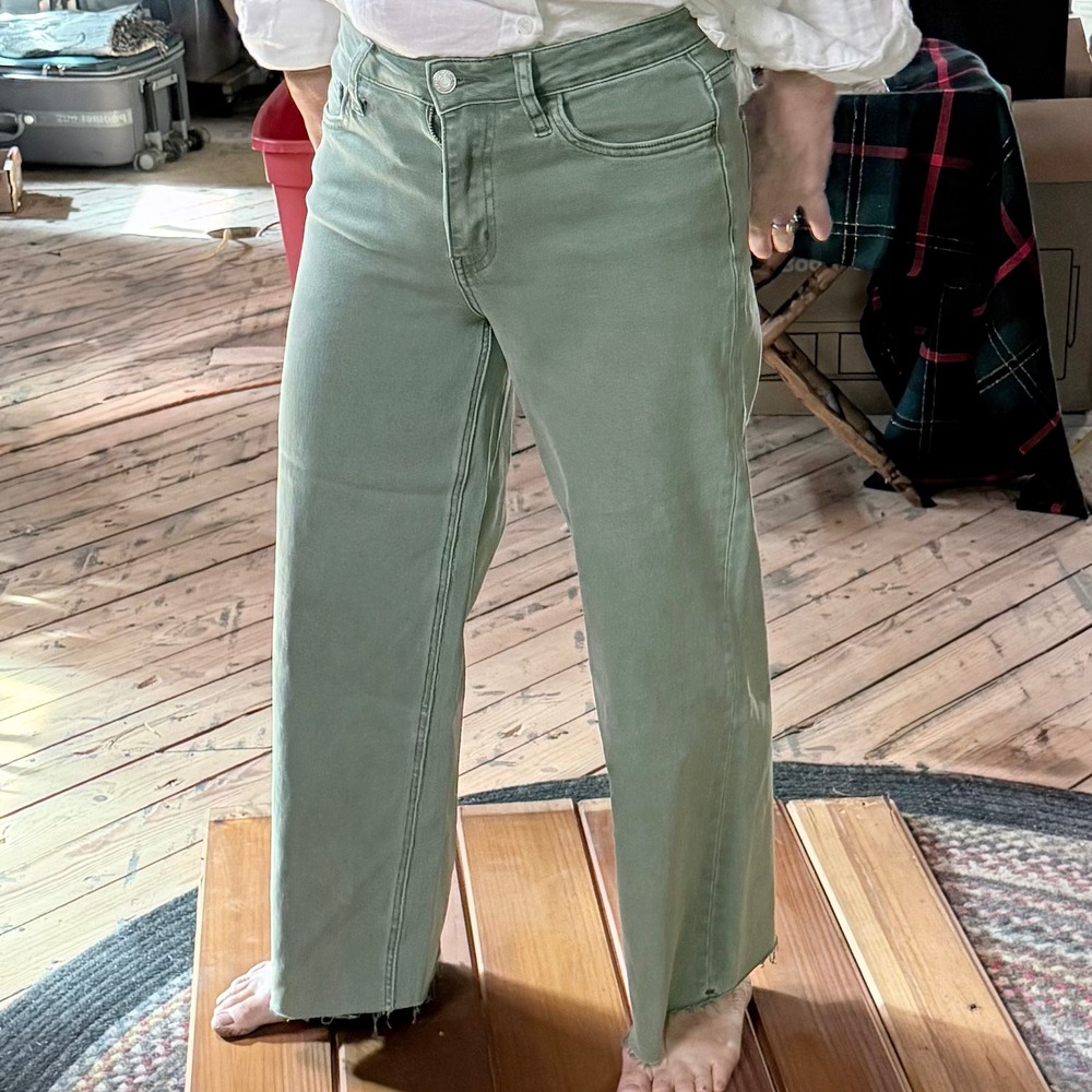 VERVET Blue Sage Green High Rise Wide Leg Crop Jeans Size 28 Factory Cut Raw Hem